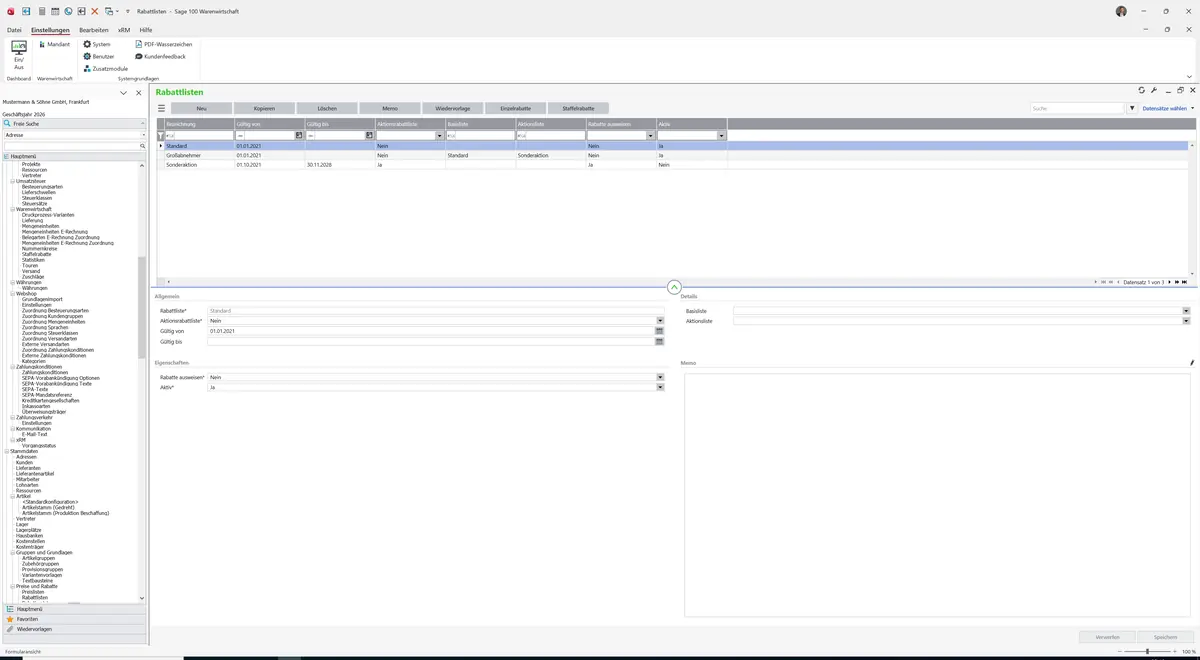 Sage 100 9.0.5.11 Rabattlisten: Datensatz geladen