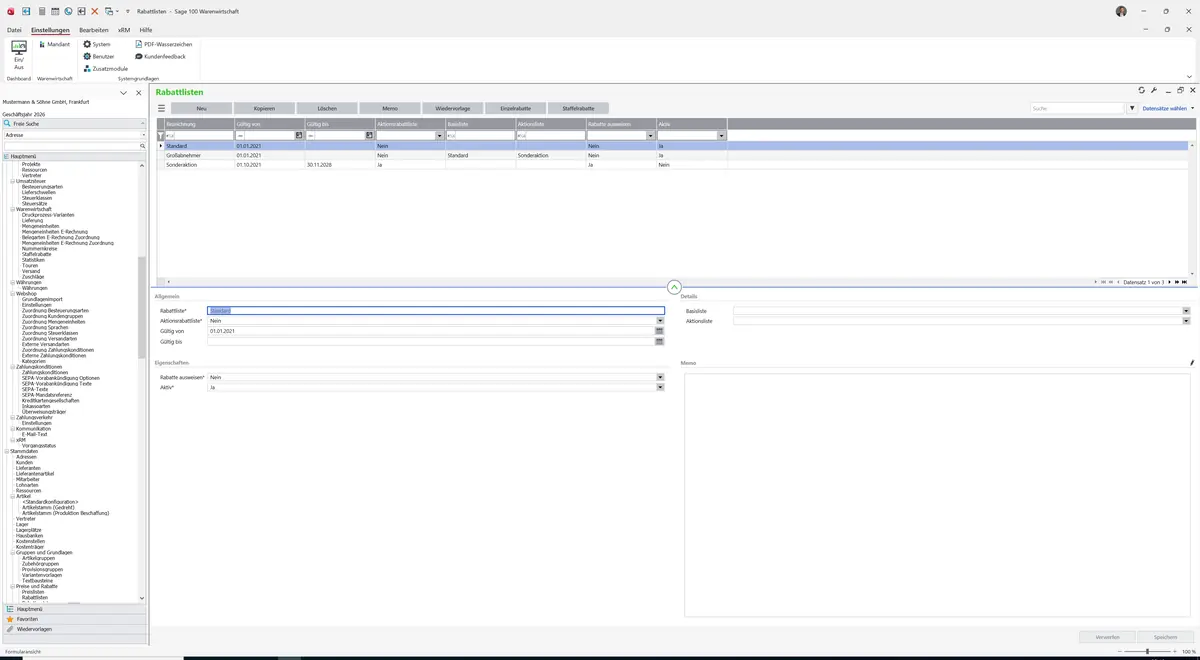Sage 100 9.0.5.11 Rabattlisten: Register Grundlagen