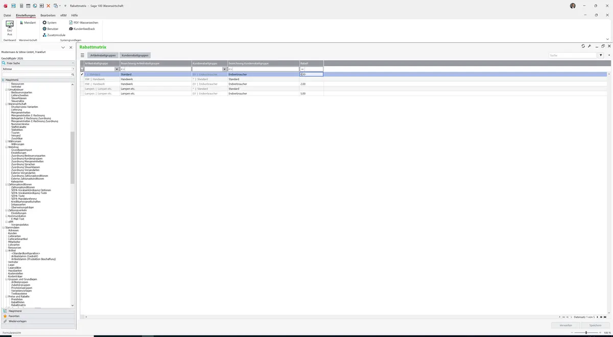 Sage 100 9.0.5.11 Rabattmatrix: Maske Rabattmatrix
