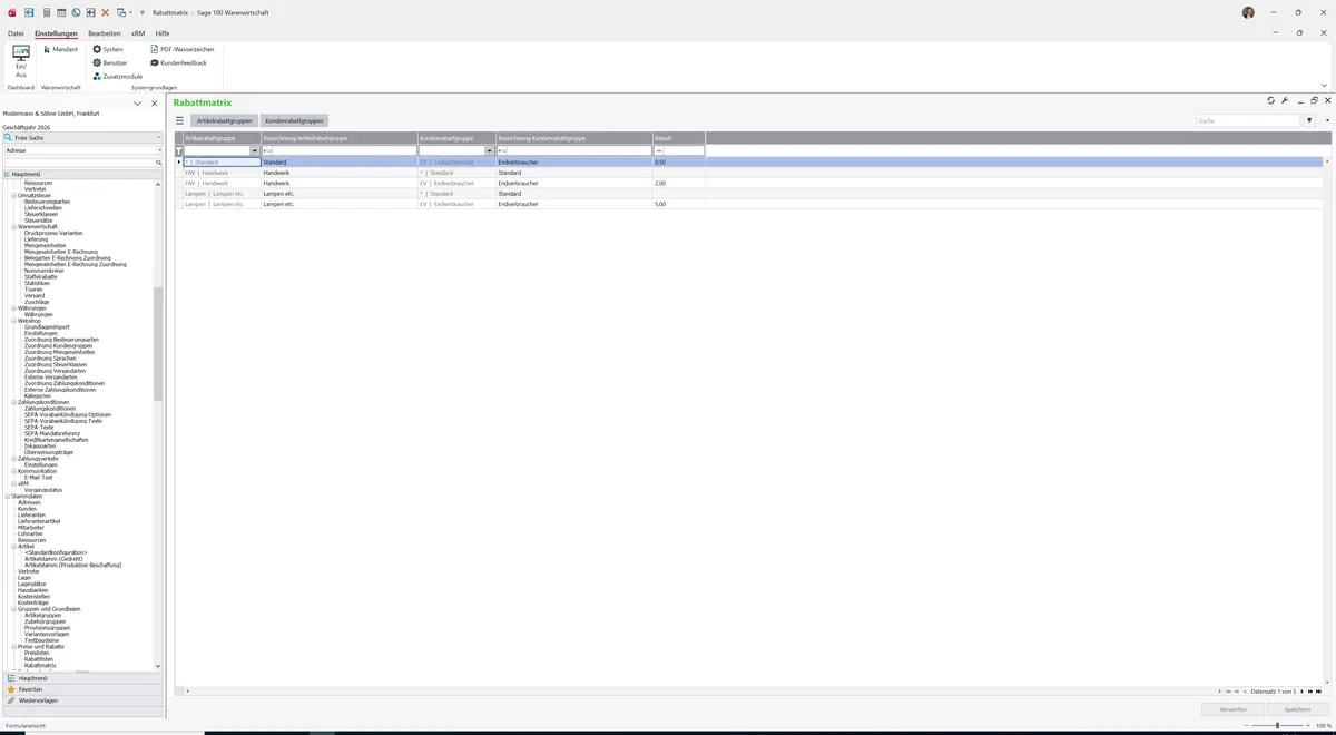 Sage 100 9.0.5.11 Rabattmatrix: Datensatz geladen