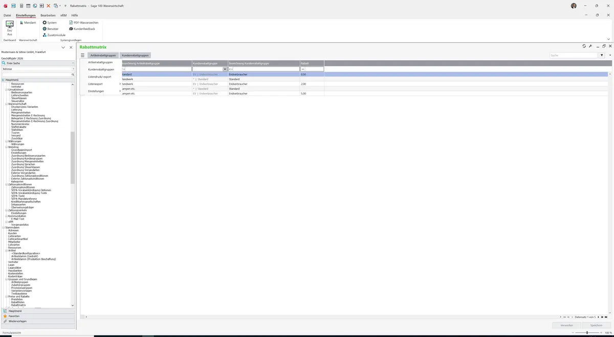 Sage 100 9.0.5.11 Rabattmatrix: Datenklassenmenü