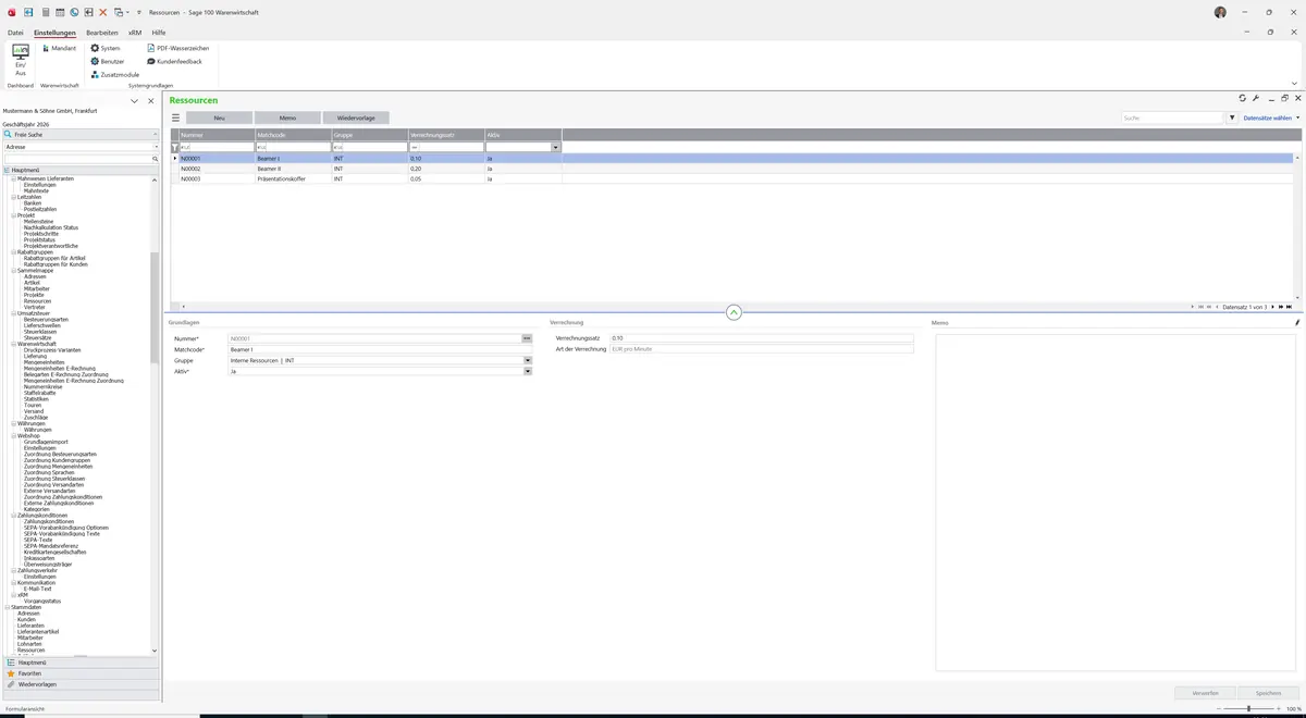 Sage 100 9.0.5.11 Ressourcen: Datensatz geladen