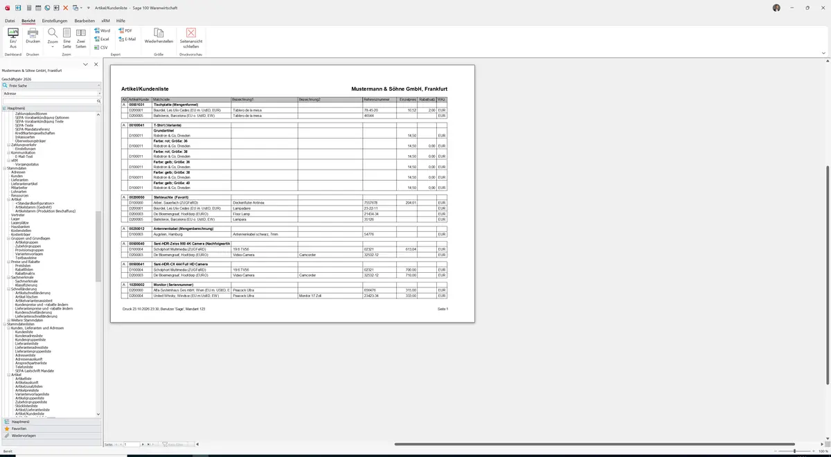Sage 100 9.0.5.11 Artikel/Kundenliste: Bericht Vorschau