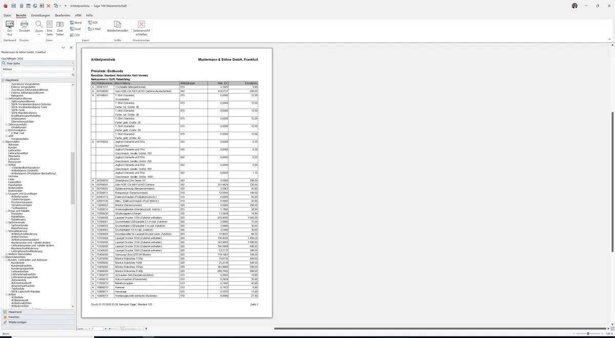 Sage 100 9.0.5.11 Artikelpreisliste: Bericht Vorschau
