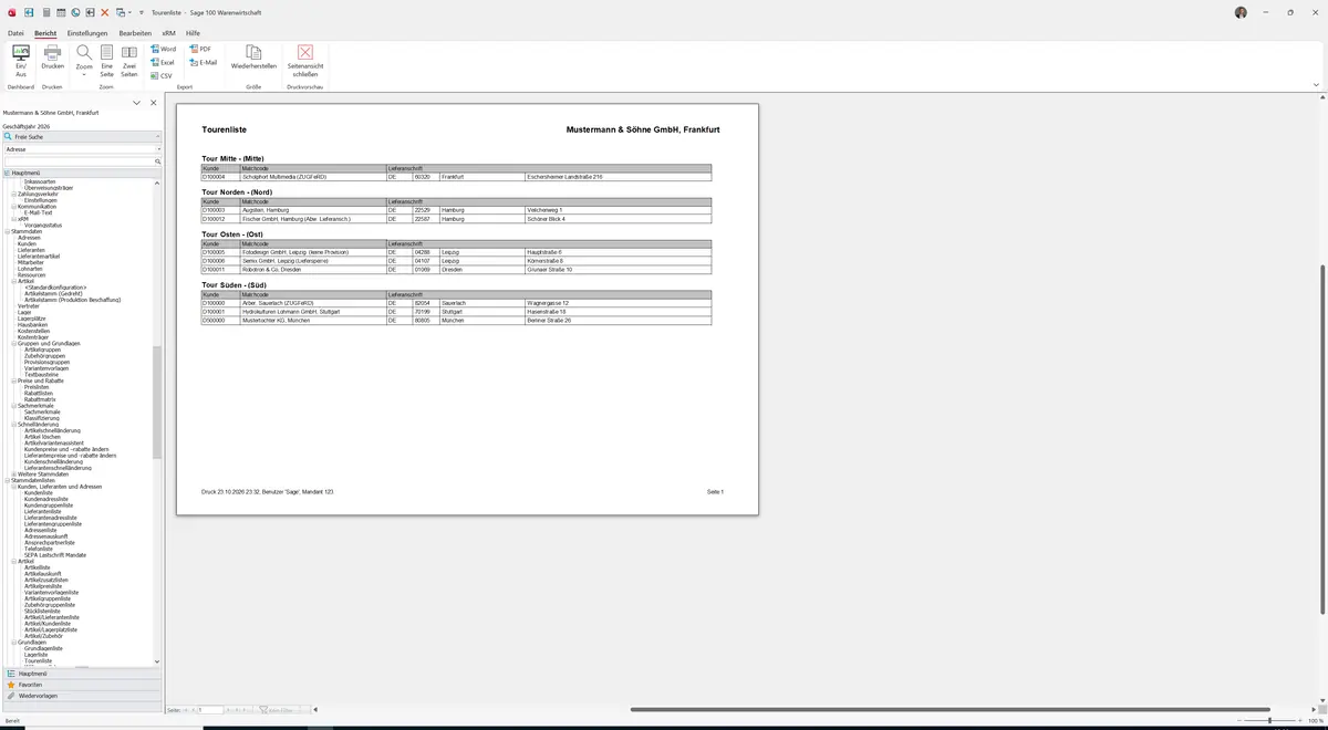 Sage 100 9.0.5.11 Tourenliste: Bericht Vorschau