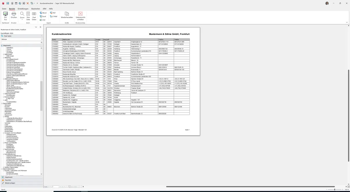 Sage 100 9.0.5.11 Kundenadressliste: Bericht Vorschau