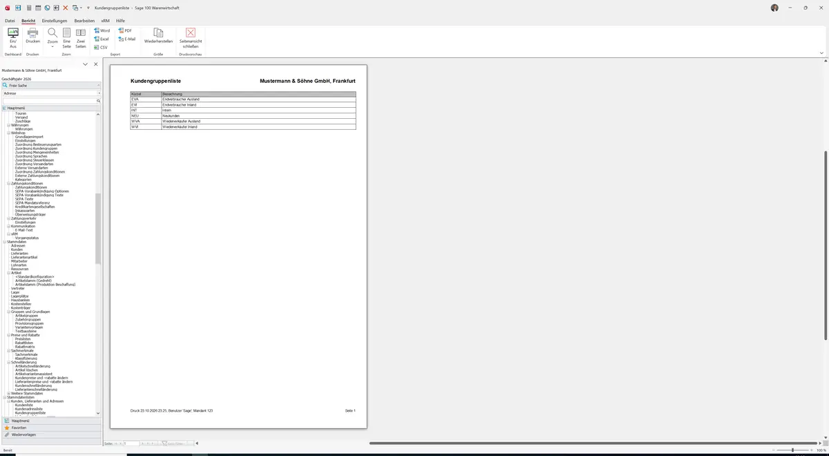 Sage 100 9.0.5.11 Kundengruppenliste: Bericht Vorschau