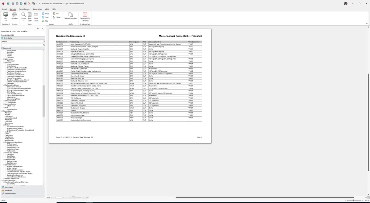 Sage 100 9.0.5.11 Kundenliste: Bericht Vorschau