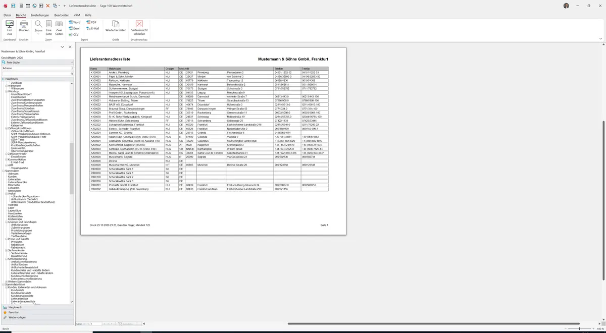 Sage 100 9.0.5.11 Lieferantenadressliste: Bericht Vorschau