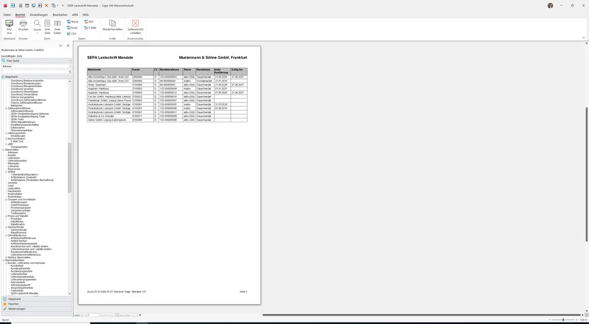 Sage 100 9.0.5.11 SEPA Lastschrift Mandate: Bericht Vorschau