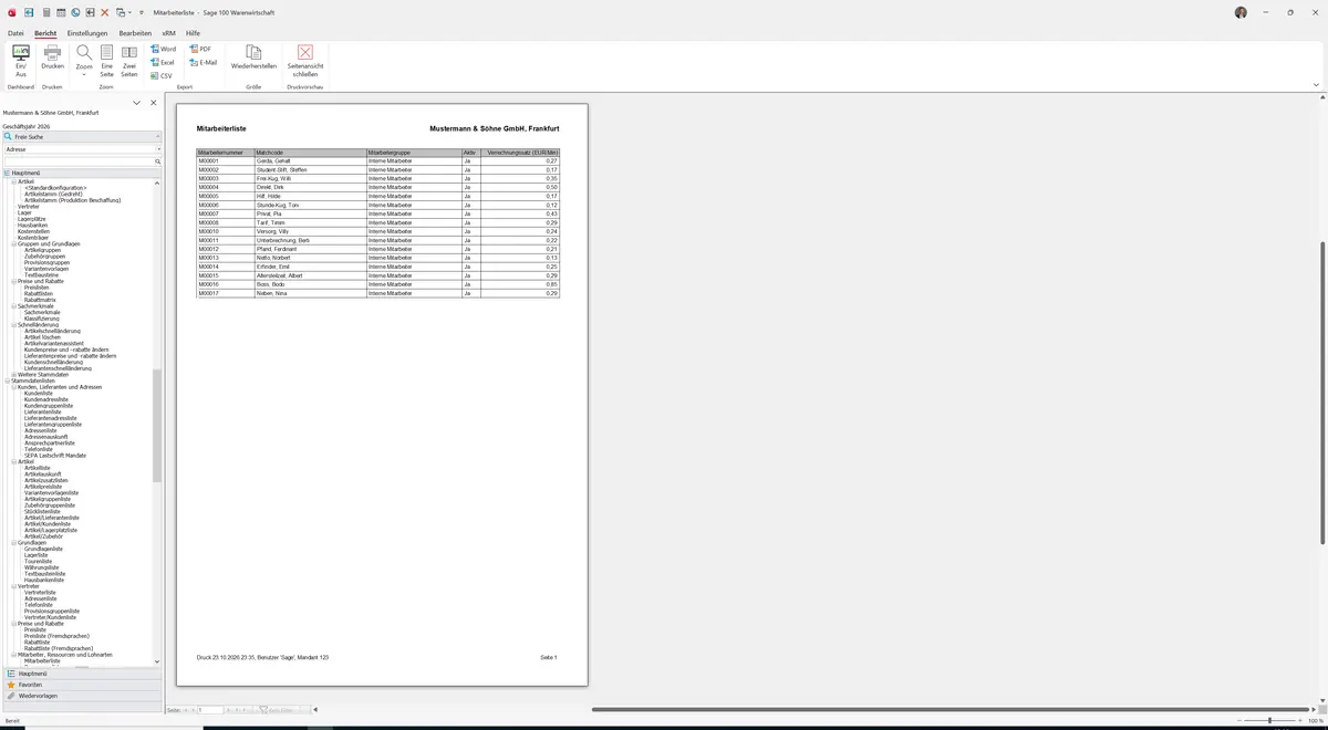 Sage 100 9.0.5.11 Mitarbeiterliste: Bericht Vorschau
