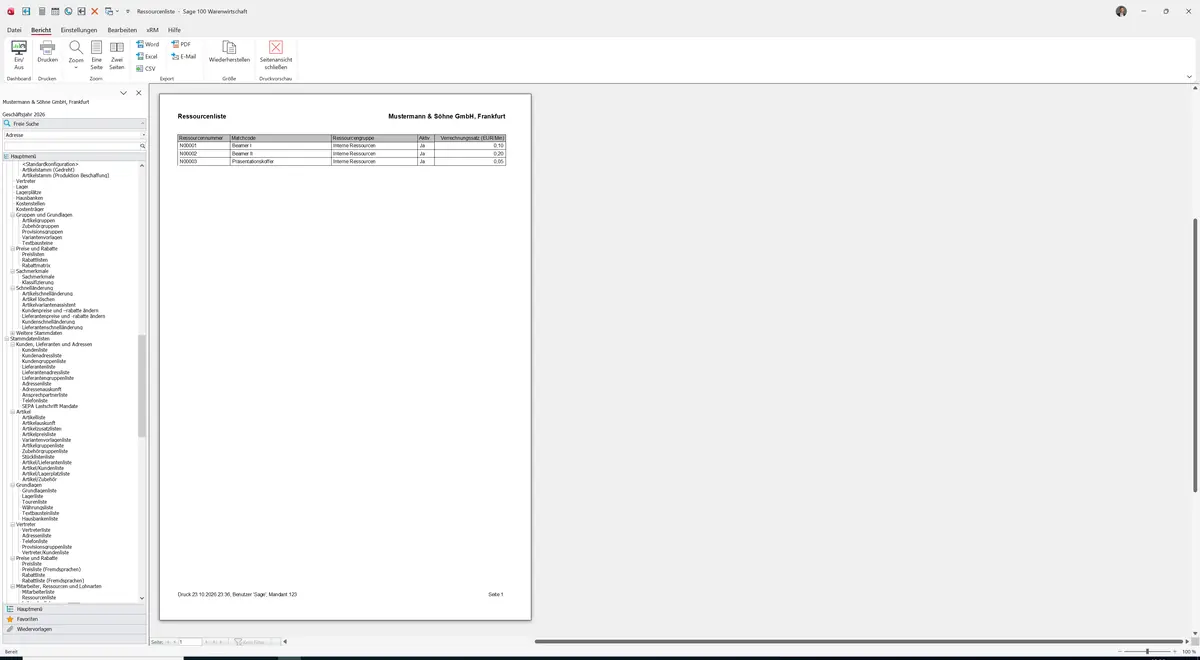 Sage 100 9.0.5.11 Ressourcenliste: Bericht Vorschau