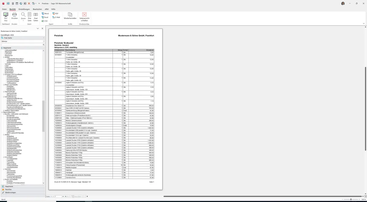 Sage 100 9.0.5.11 Preisliste (Fremdsprachen): Bericht Vorschau
