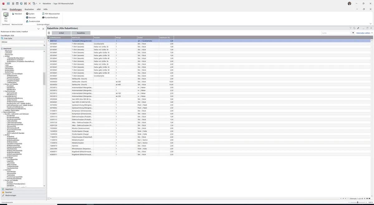 Sage 100 9.0.5.11 Rabattliste (Alle Rabattlisten): Liste Alle Rabattlisten