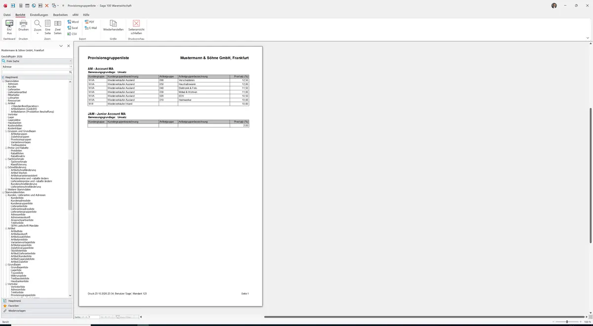 Sage 100 9.0.5.11 Provisionsgruppenliste: Bericht Vorschau