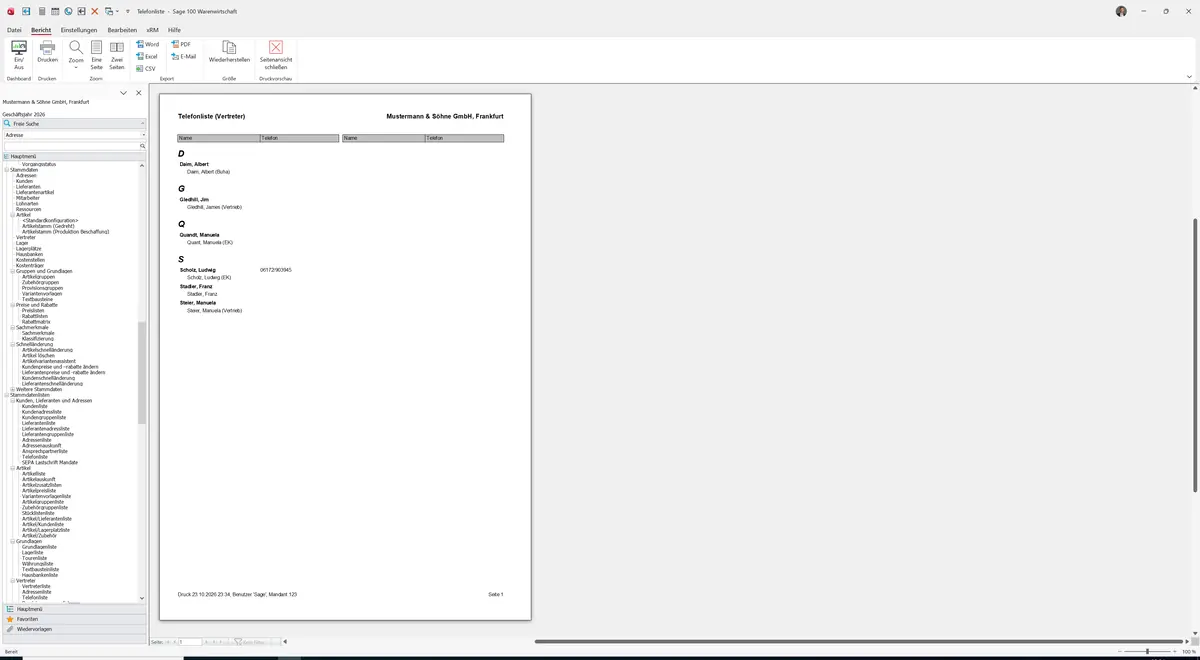 Sage 100 9.0.5.11 Telefonliste (Vertreter): Bericht Vorschau