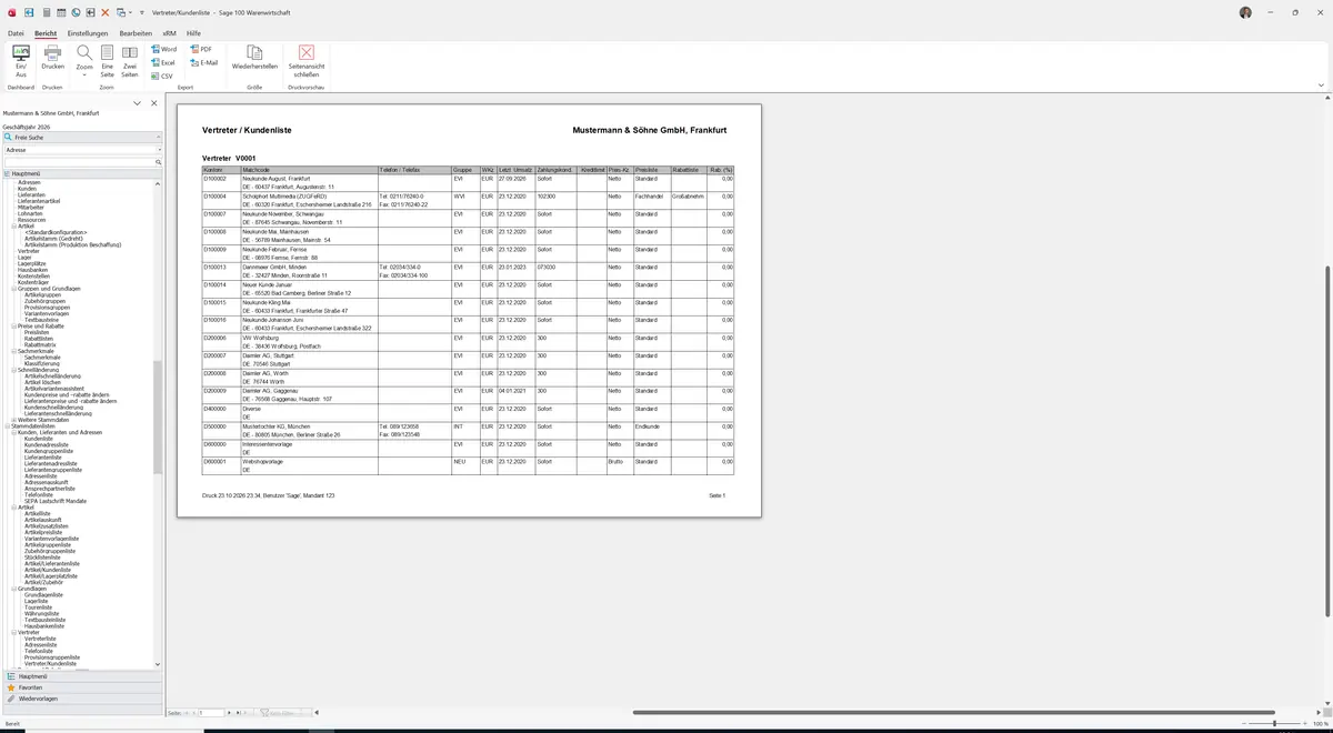 Sage 100 9.0.5.11 Vertreter/Kundenliste: Bericht Vorschau