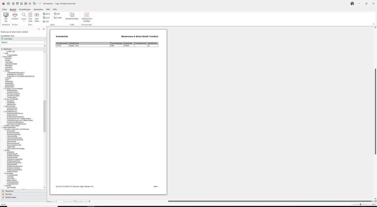 Sage 100 9.0.5.11 Vertreterliste: Bericht Vorschau