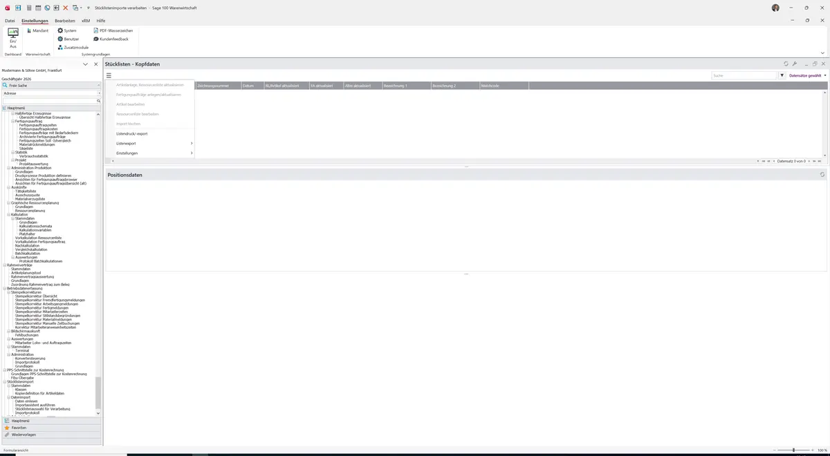 Sage 100 9.0.5.11 Stücklistenimporte verarbeiten: Datenklassenmenü