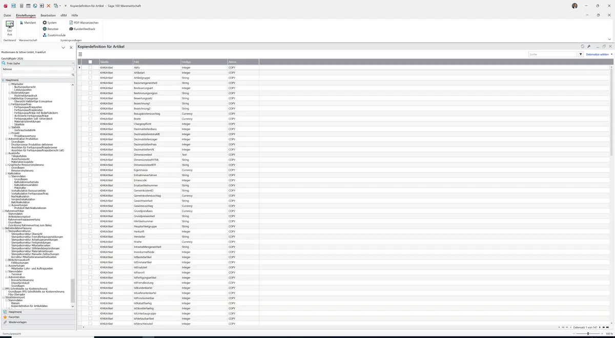 Sage 100 9.0.5.11 Kopierdefinition für Artikel: Datensatz geladen