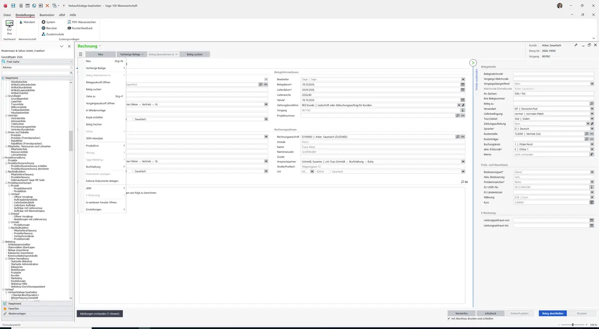 Sage 100 9.0.5.11 Verkaufsbelege bearbeiten (Belegerfassung komplett): Datenklassenmenü
