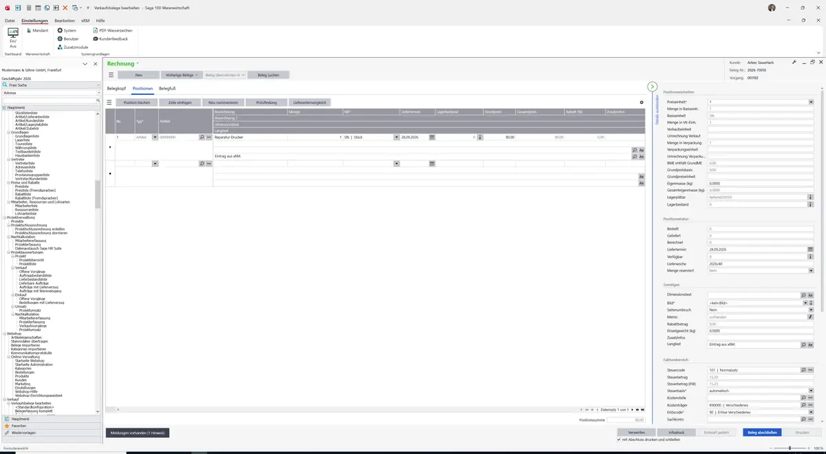 Sage 100 9.0.5.11 Verkaufsbelege bearbeiten (Belegerfassung komplett): Register Positionen