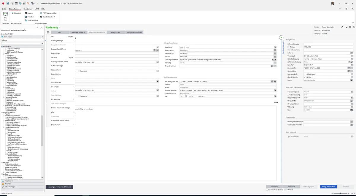 Sage 100 9.0.5.11 Verkaufsbelege bearbeiten (Standardkonfiguration): Datenklassenmenü