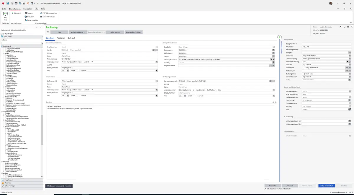 Sage 100 9.0.5.11 Verkaufsbelege bearbeiten (Standardkonfiguration): Register Belegkopf