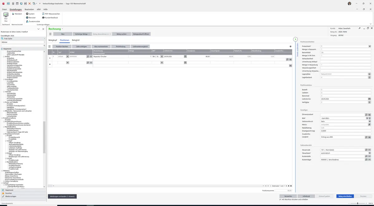 Sage 100 9.0.5.11 Verkaufsbelege bearbeiten (Standardkonfiguration): Register Positionen