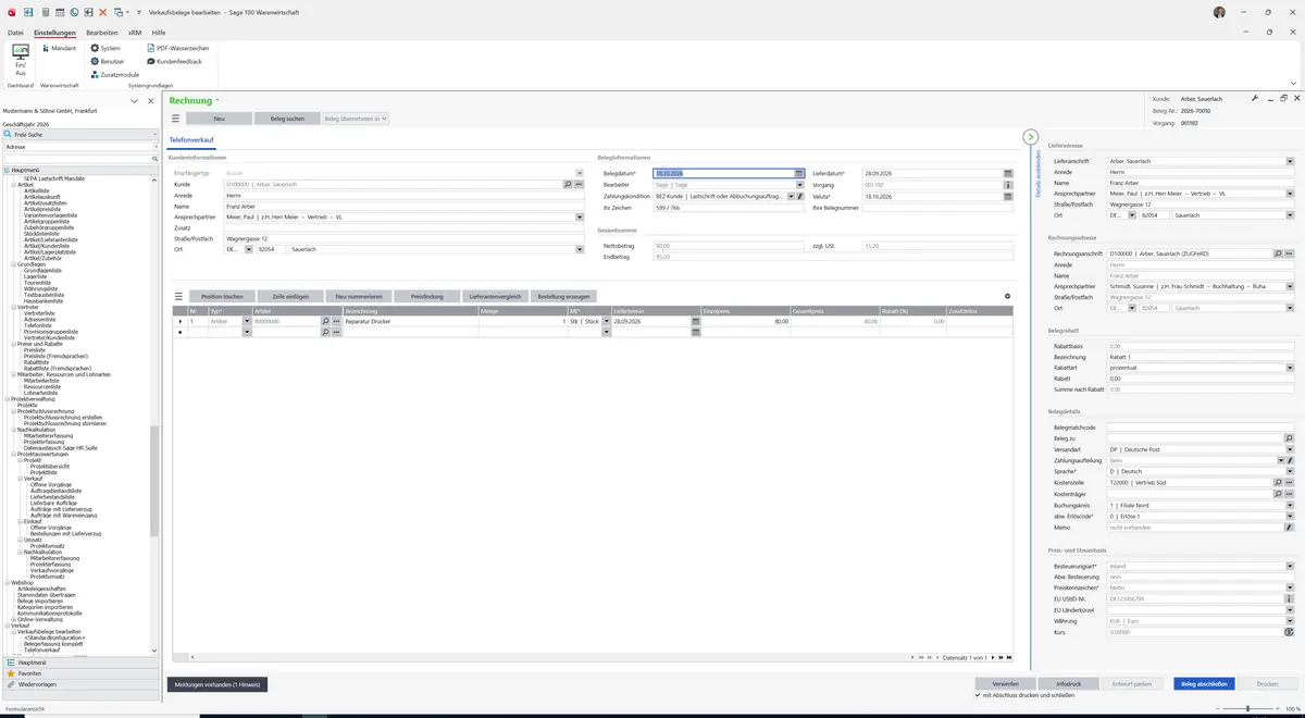 Sage 100 9.0.5.11 Verkaufsbelege bearbeiten (Telefonverkauf): Beleg geladen