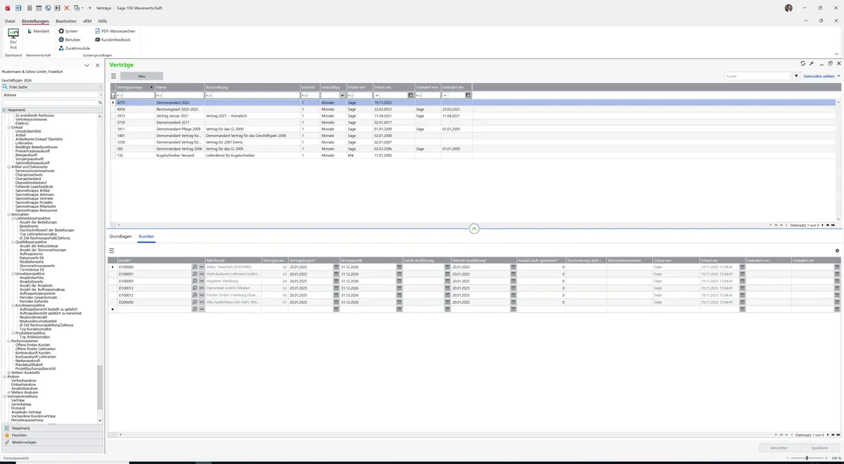 Sage 100 9.0.5.11 Verträge: Register Kunden