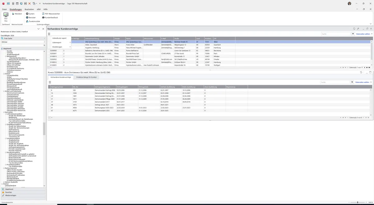Sage 100 9.0.5.11 Vorhandene Kundenverträge: Datenklassenmenü