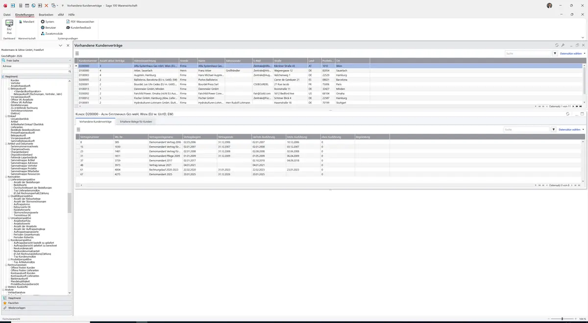 Sage 100 9.0.5.11 Vorhandene Kundenverträge: Register Vorhandene Kundenverträge