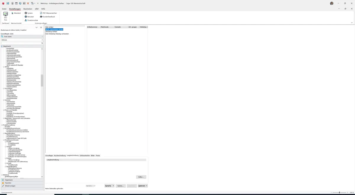 Sage 100 9.0.5.11 Webshop - Artikeleigenschaften: Register Langbeschreibung