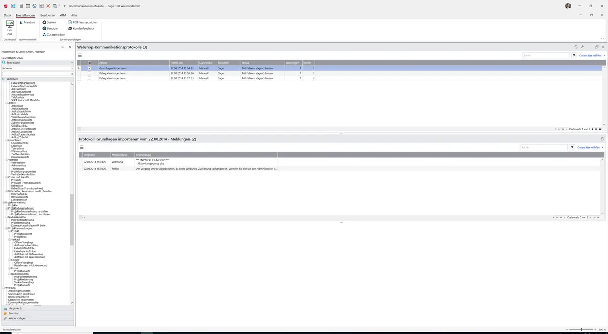 Sage 100 9.0.5.11 Webshop-Kommunikationsprotokolle: Maske Kommunikationsprotokolle