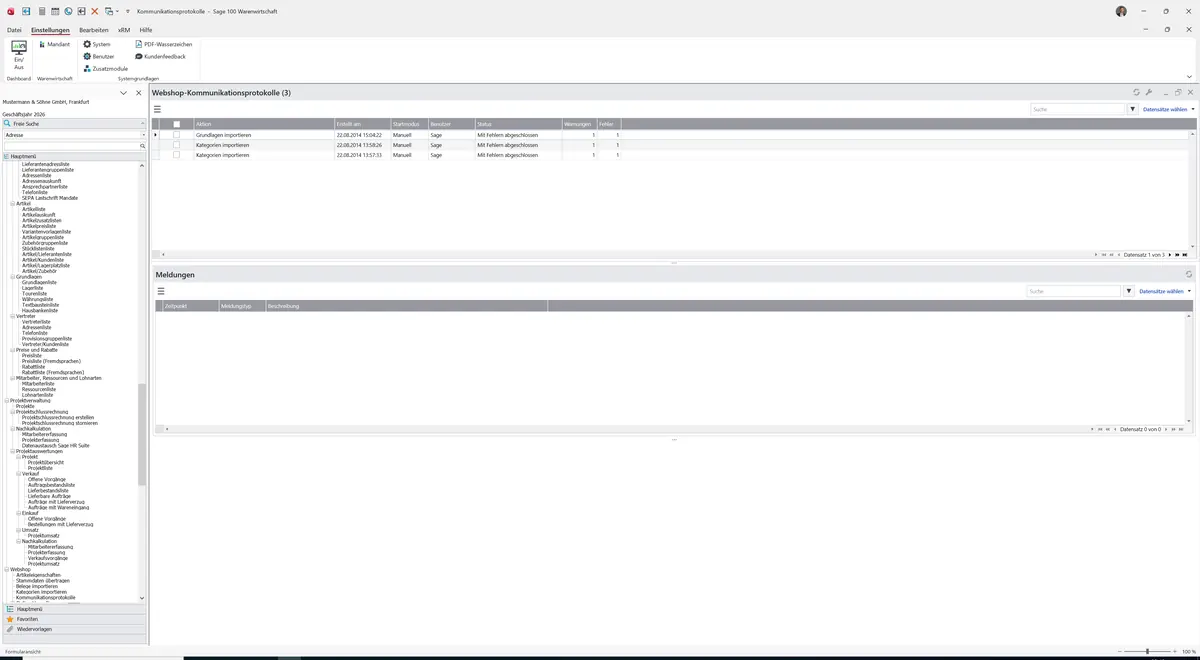 Sage 100 9.0.5.11 Webshop-Kommunikationsprotokolle: Datensatz geladen