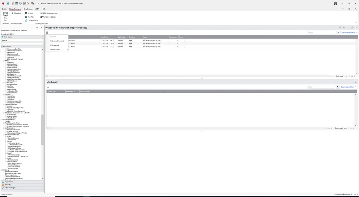 Sage 100 9.0.5.11 Webshop-Kommunikationsprotokolle: Datenklassenmenü