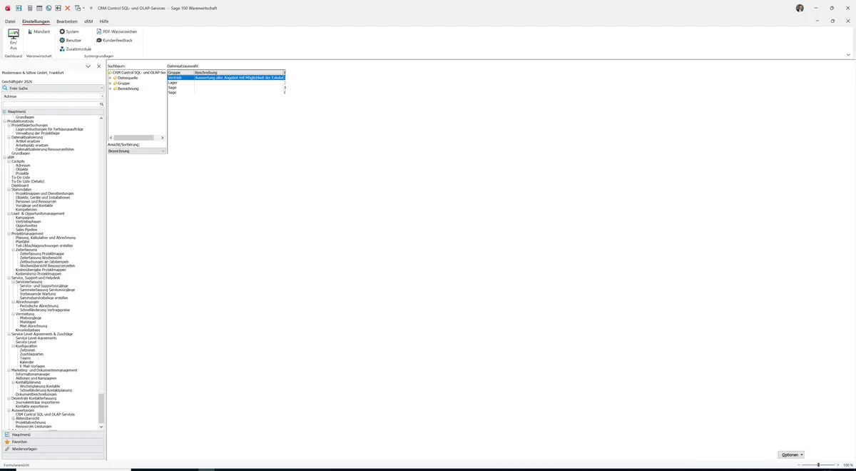 Sage 100 9.0.5.11 CRM Control SQL- und OLAP-Services: Maske CRM Control SQL- und OLAP-Services