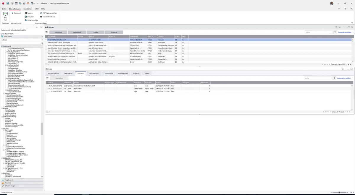 Sage 100 9.0.5.11 Adressen (Cockpit): Register Kontakte