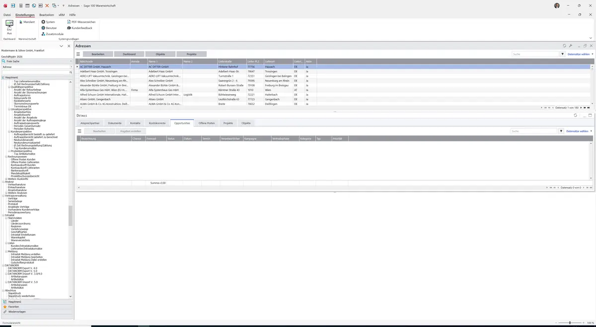 Sage 100 9.0.5.11 Adressen (Cockpit): Register Opportunities