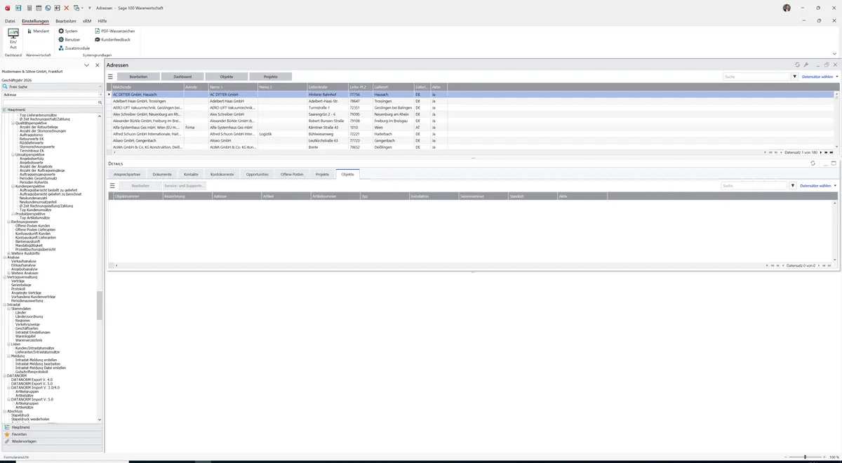 Sage 100 9.0.5.11 Adressen (Cockpit): Register Objekte