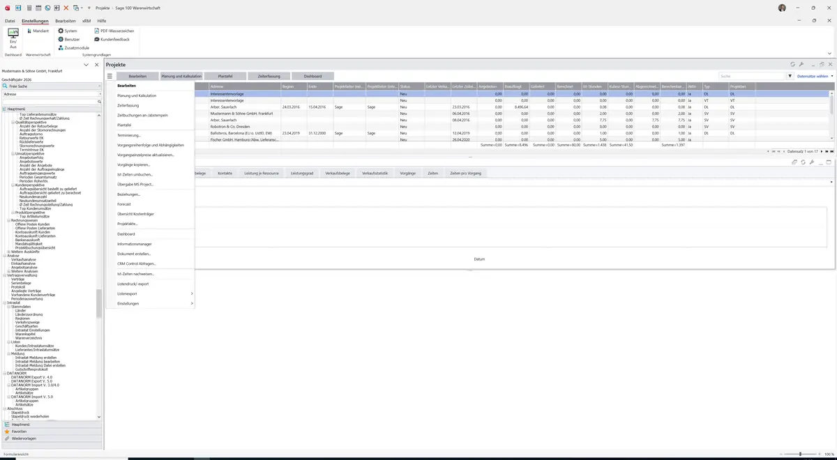 Sage 100 9.0.5.11 Projekte (Cockpit): Datenklassenmenü