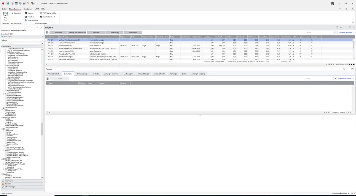 Sage 100 9.0.5.11 Projekte (Cockpit): Register Dokumente