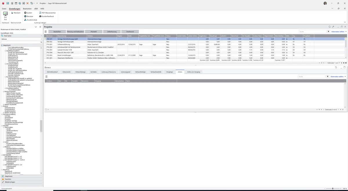 Sage 100 9.0.5.11 Projekte (Cockpit): Register Zeiten