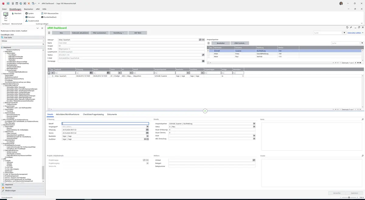 Sage 100 9.0.5.11 xRM Dashboard: Datensatz geladen