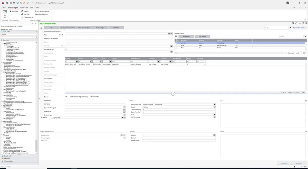 Sage 100 9.0.5.11 xRM Dashboard: Datenklassenmenü