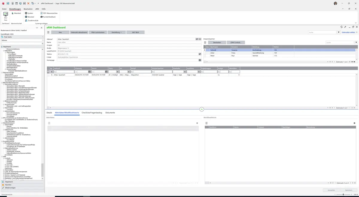 Sage 100 9.0.5.11 xRM Dashboard: Register Aktivitäten/Workflowhistorie