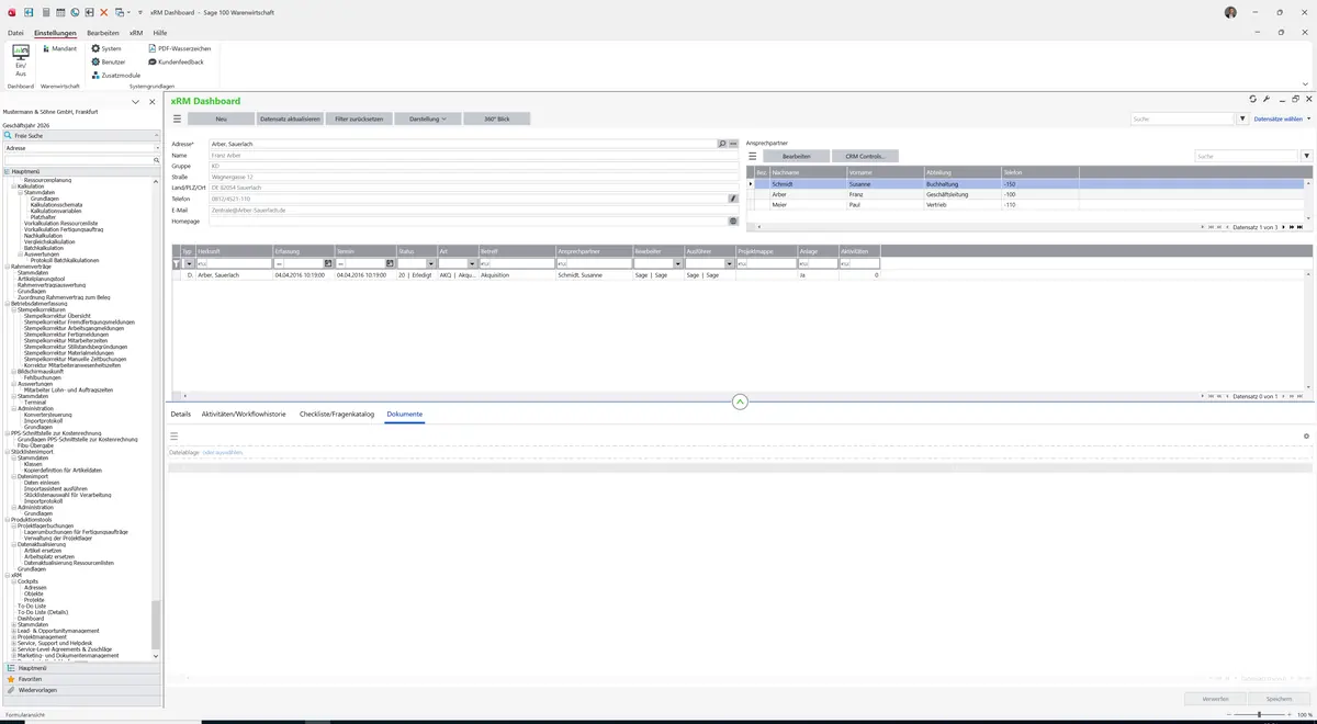 Sage 100 9.0.5.11 xRM Dashboard: Register Dokumente