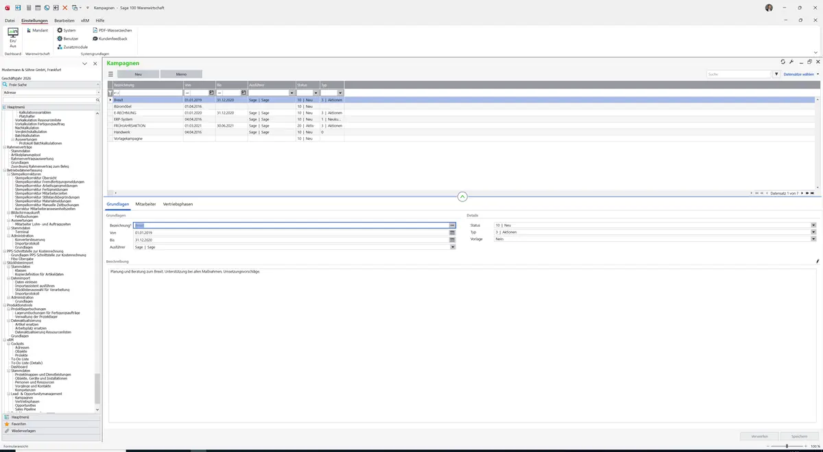 Sage 100 9.0.5.11 Kampagnen: Register Grundlagen