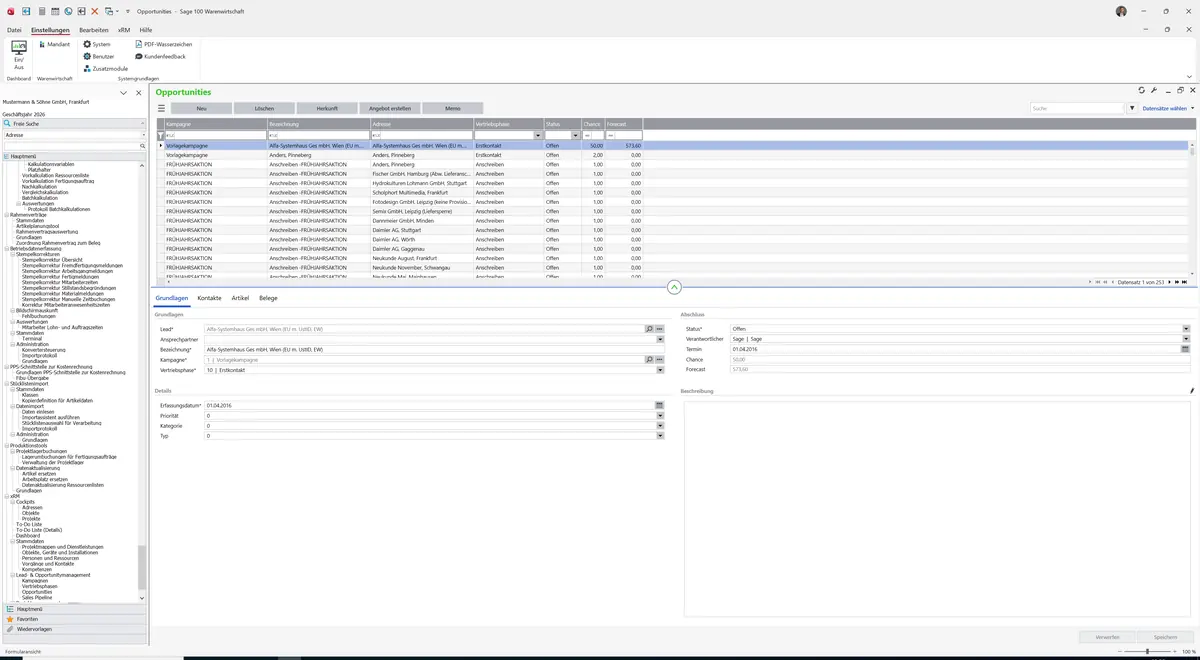 Sage 100 9.0.5.11 Opportunities: Datensatz geladen